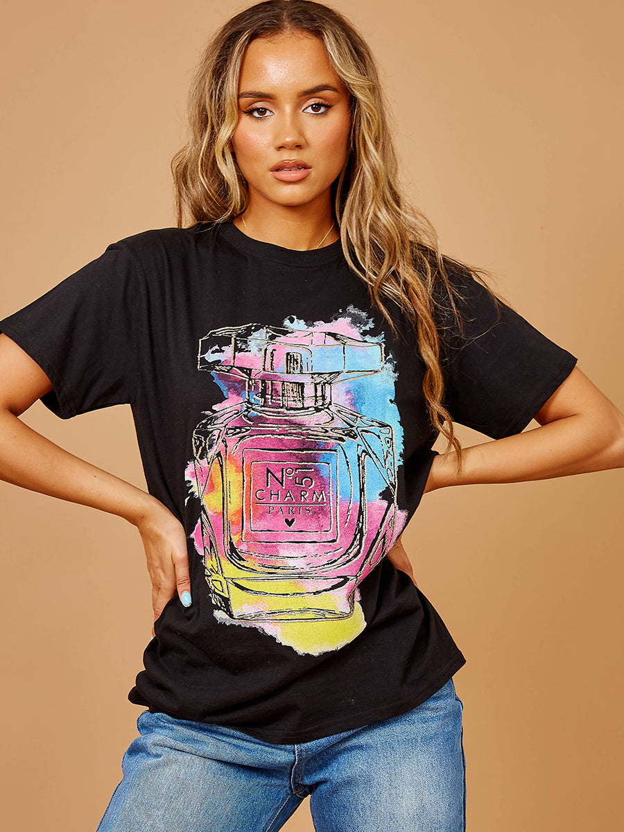 Colourful Perfume Graphic Glitter Detail T-Shirt