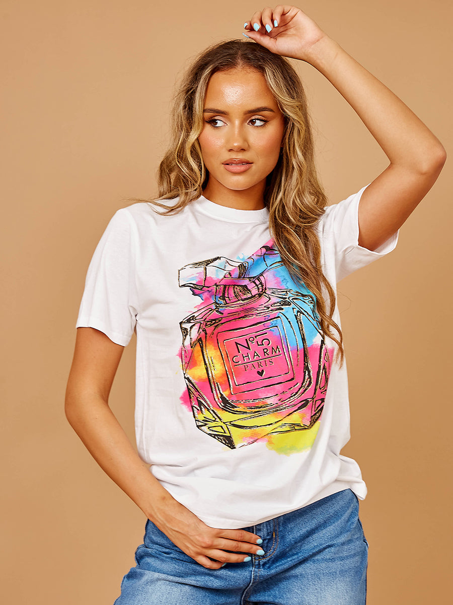 Colourful Perfume Graphic Glitter Detail T-Shirt