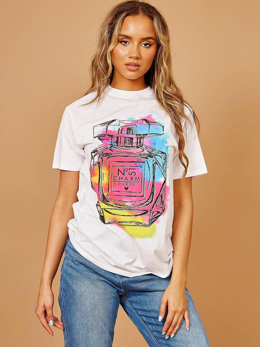 Colourful Perfume Graphic Glitter Detail T-Shirt