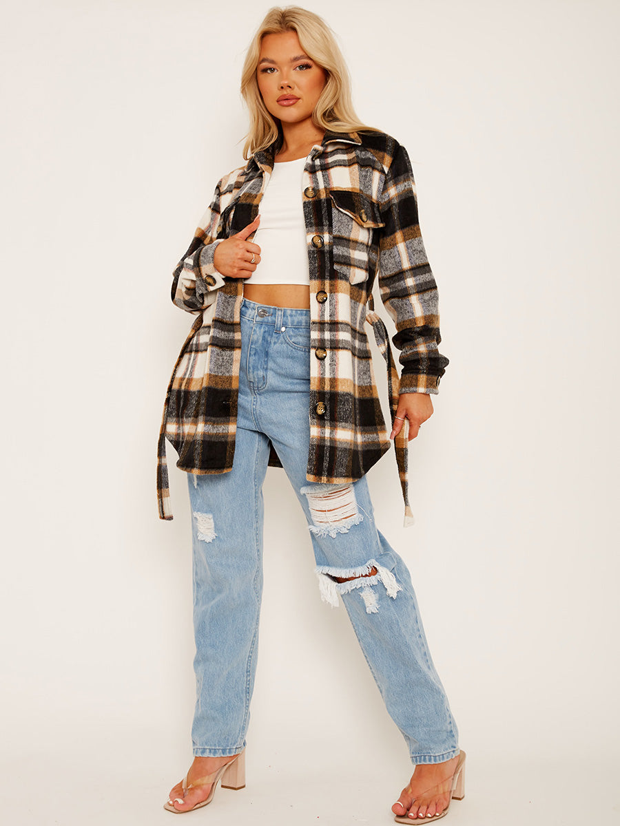 Checked Oversized Thick Belted Shacket