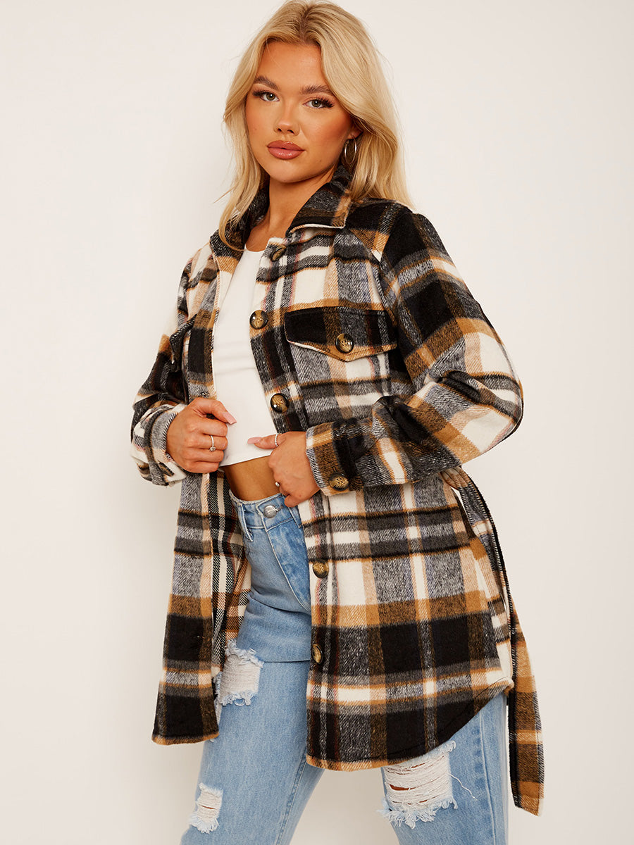 Checked Oversized Thick Belted Shacket