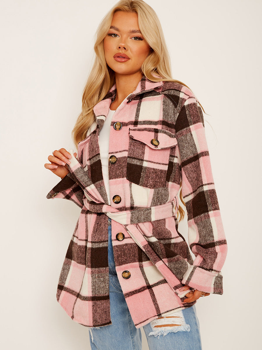 Checked Oversized Thick Belted Shacket