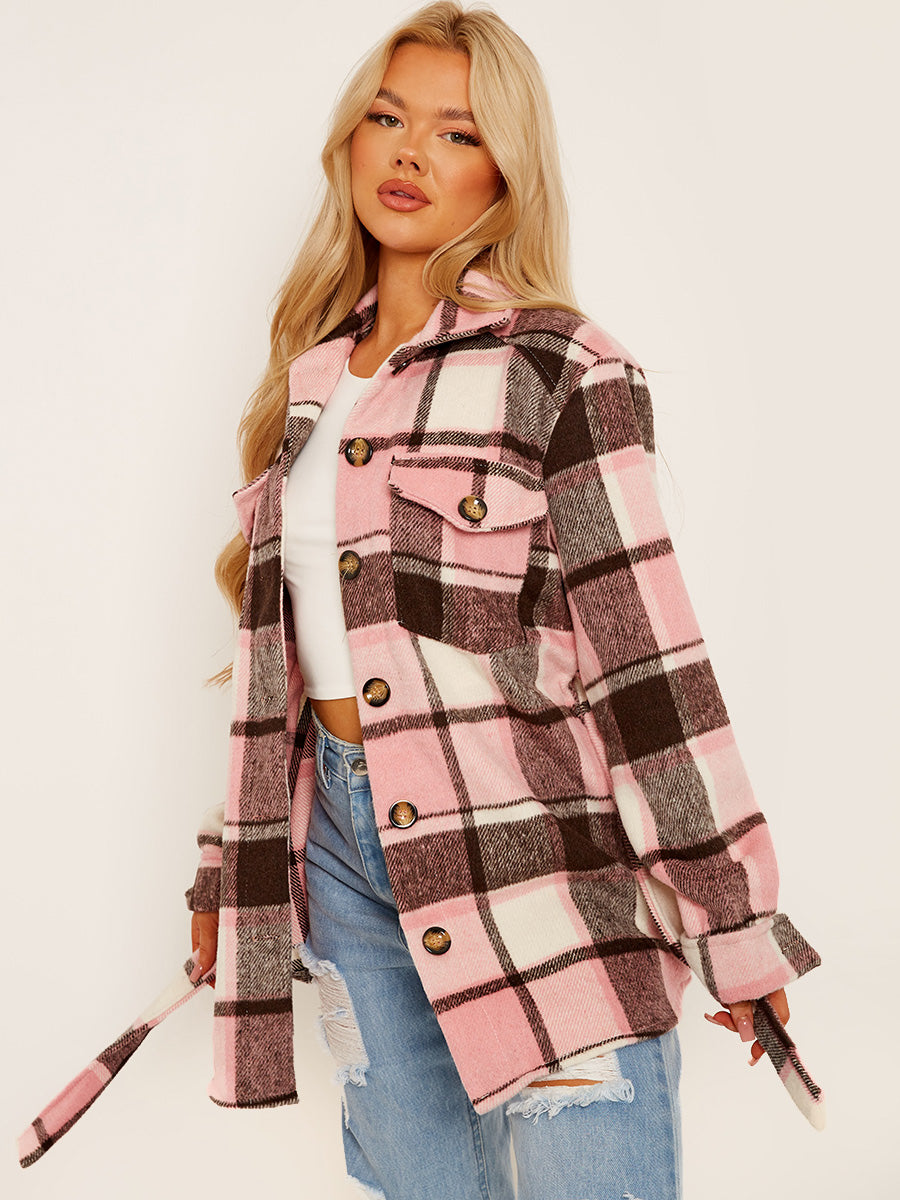 Checked Oversized Thick Belted Shacket