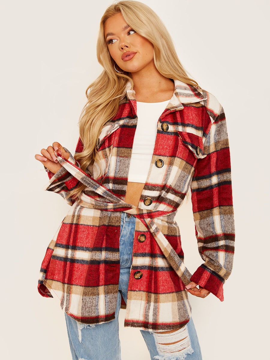 Checked Oversized Thick Belted Shacket