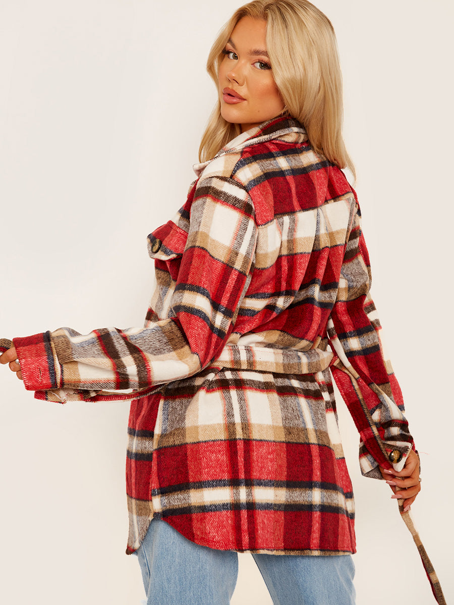 Checked Oversized Thick Belted Shacket