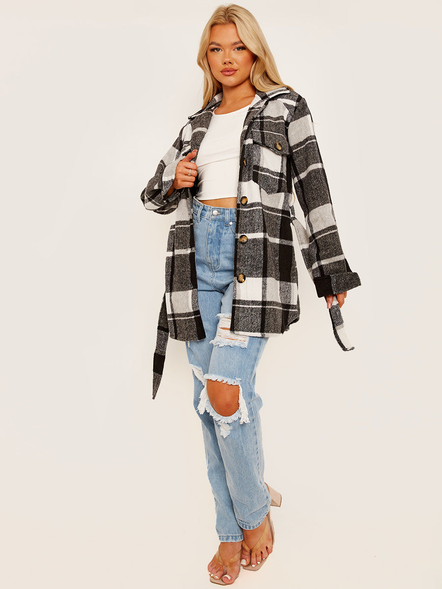 Checked Oversized Thick Belted Shacket