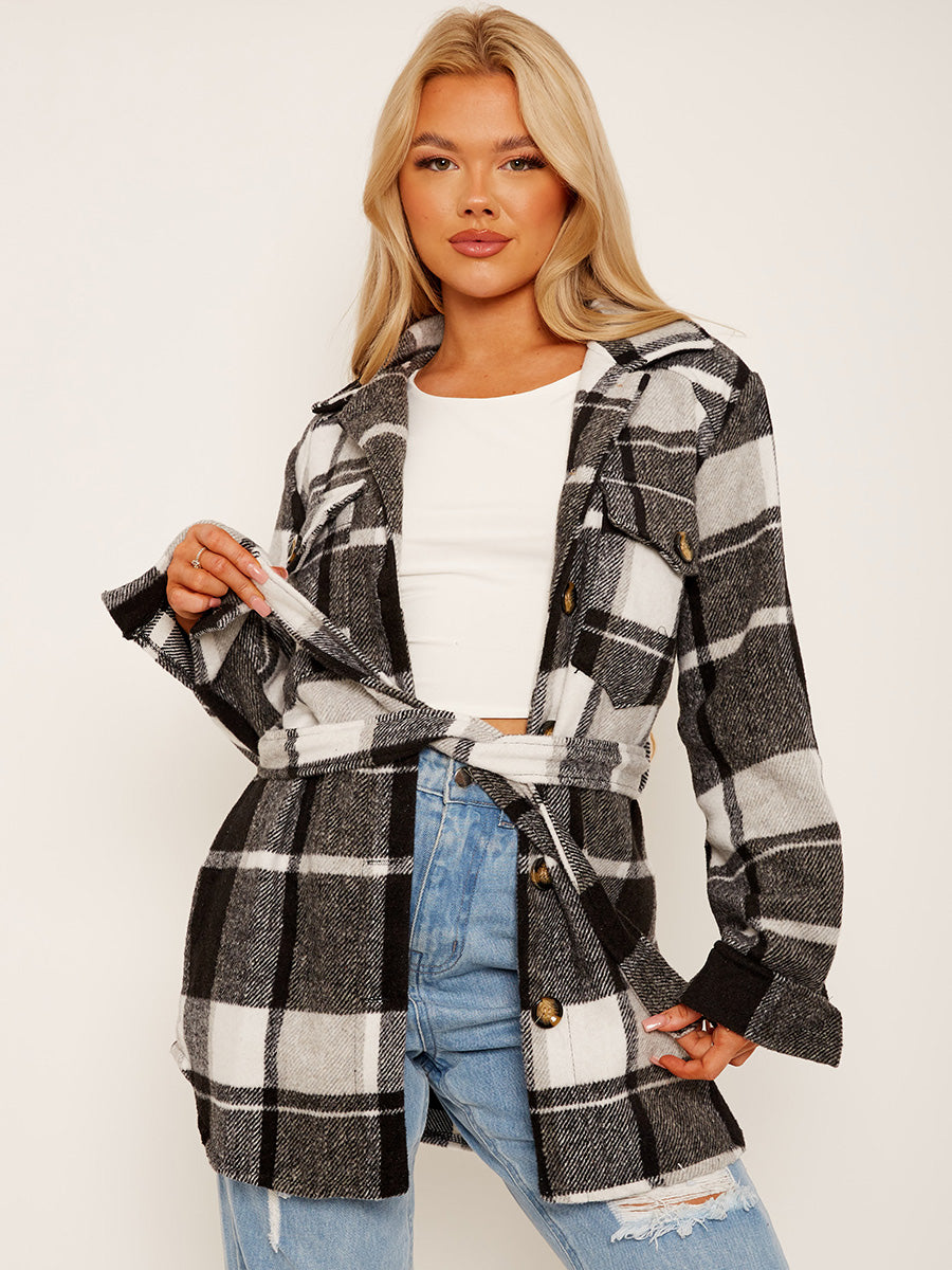 Checked Oversized Thick Belted Shacket