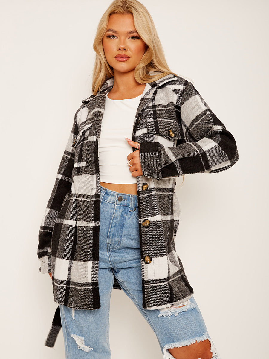 Checked Oversized Thick Belted Shacket