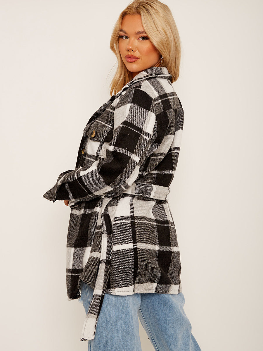 Checked Oversized Thick Belted Shacket