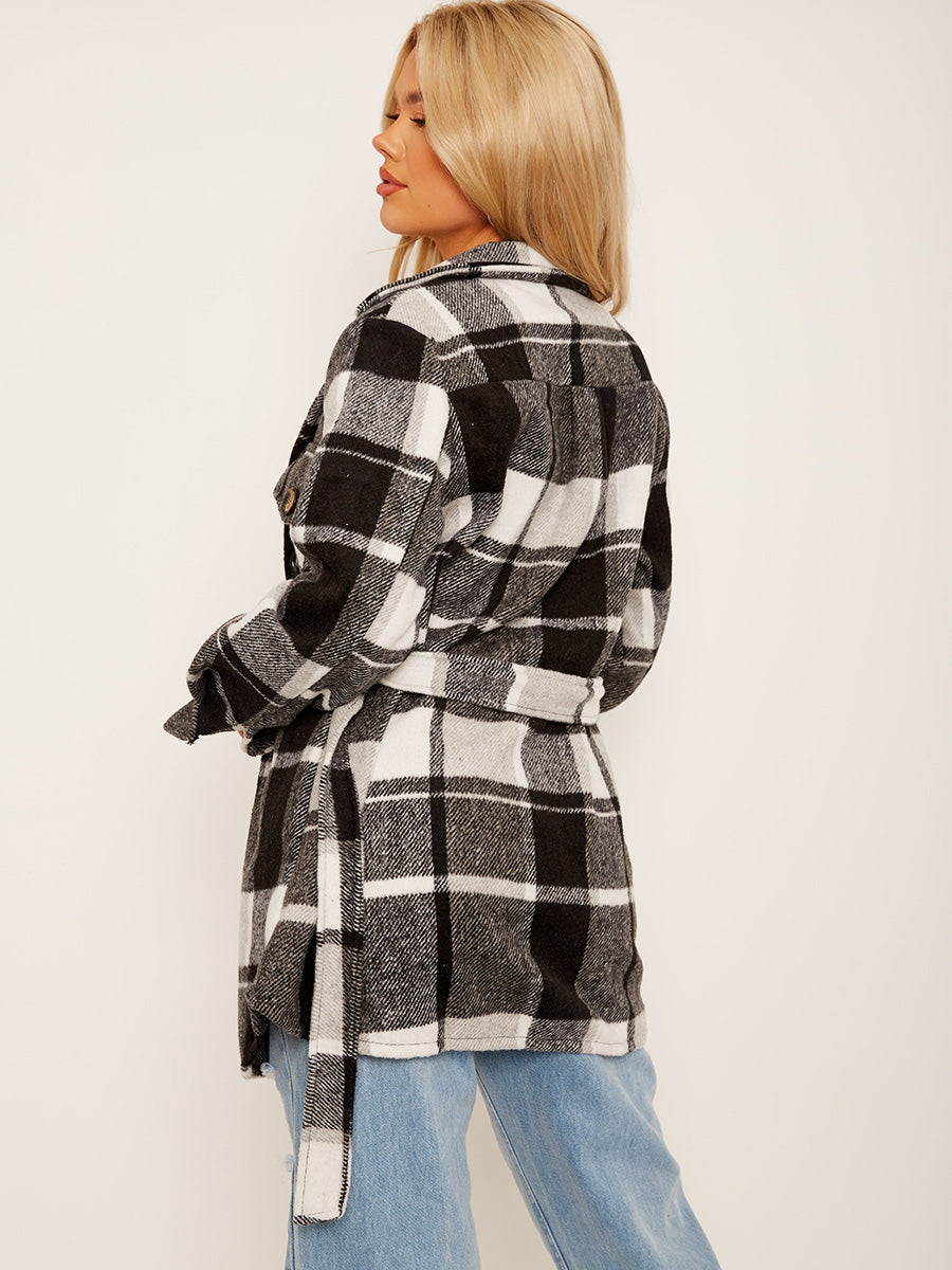 Checked Oversized Thick Belted Shacket