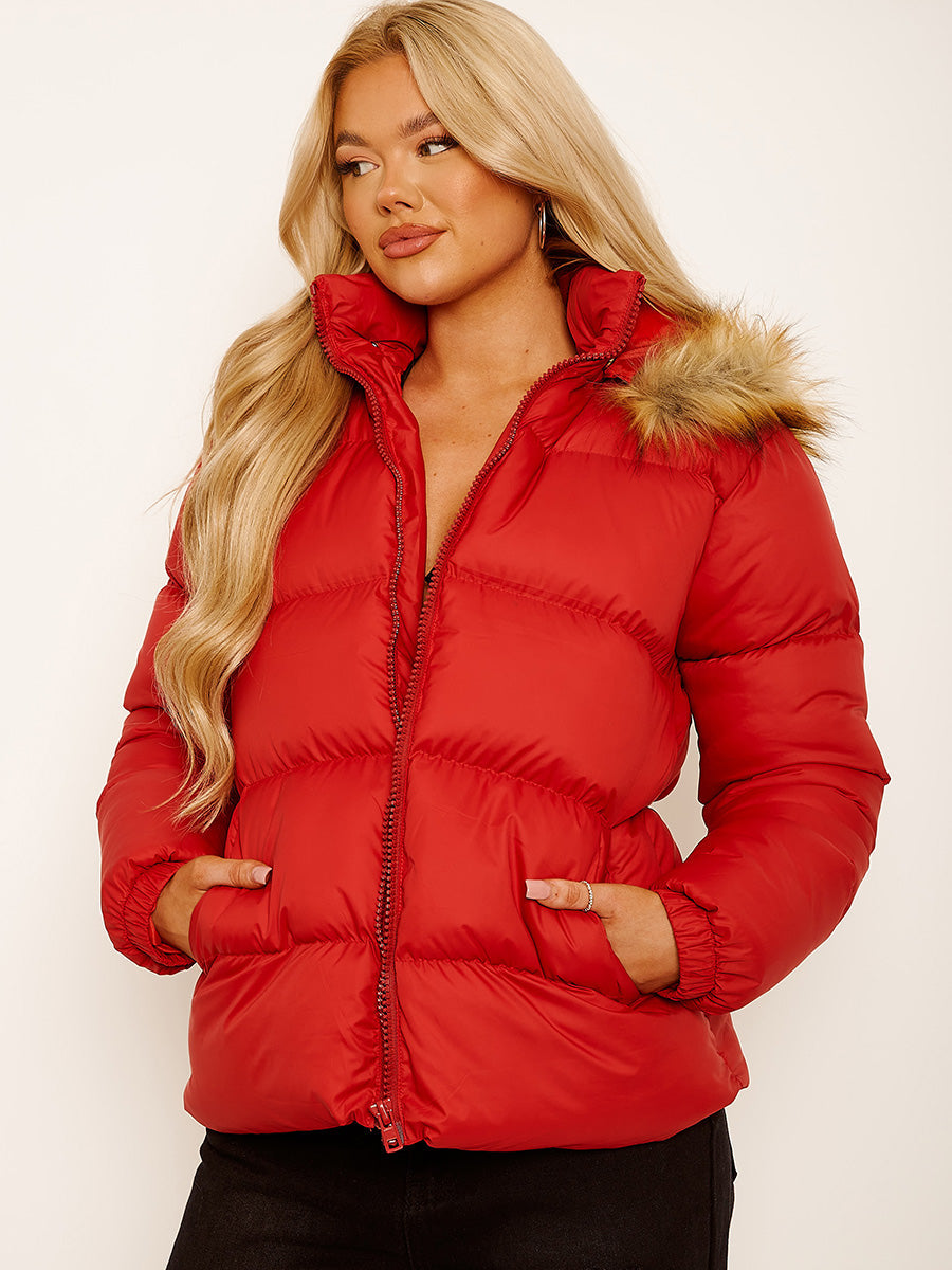 Faux Fur Trim Hood Padded Puffer Jacket