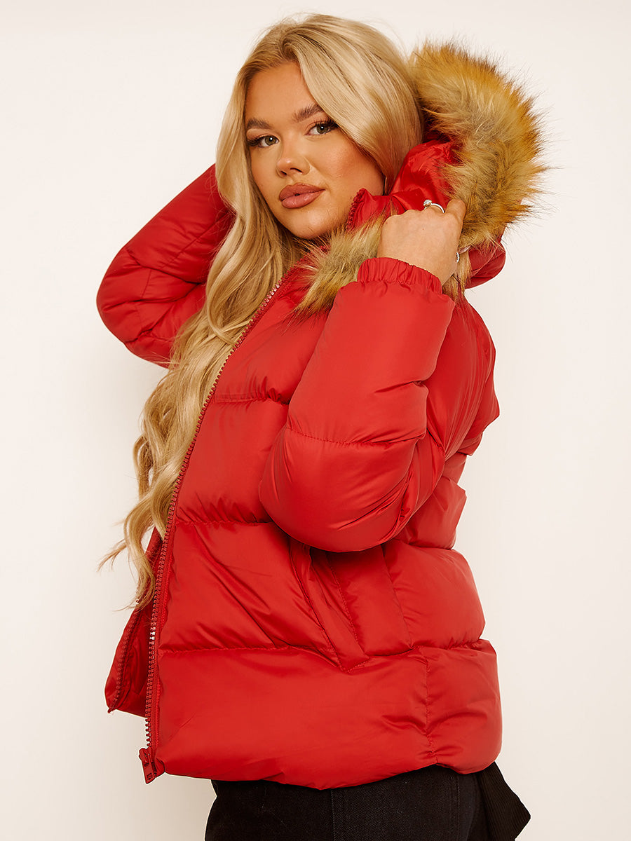 Faux Fur Trim Hood Padded Puffer Jacket