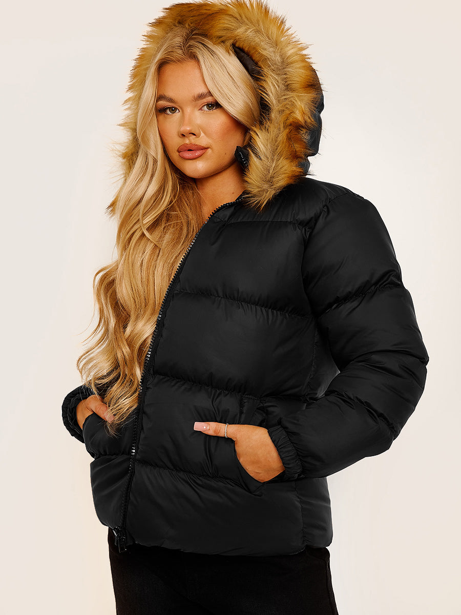 Faux Fur Trim Hood Padded Puffer Jacket