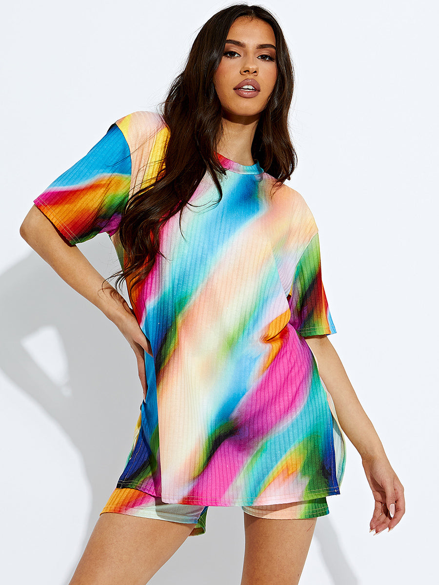 Tie-Dye Ribbed Oversized Top & Shorts Co-ord