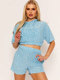 Hooded Crop Top & Shorts Flower Pattern Towelling Co-ord