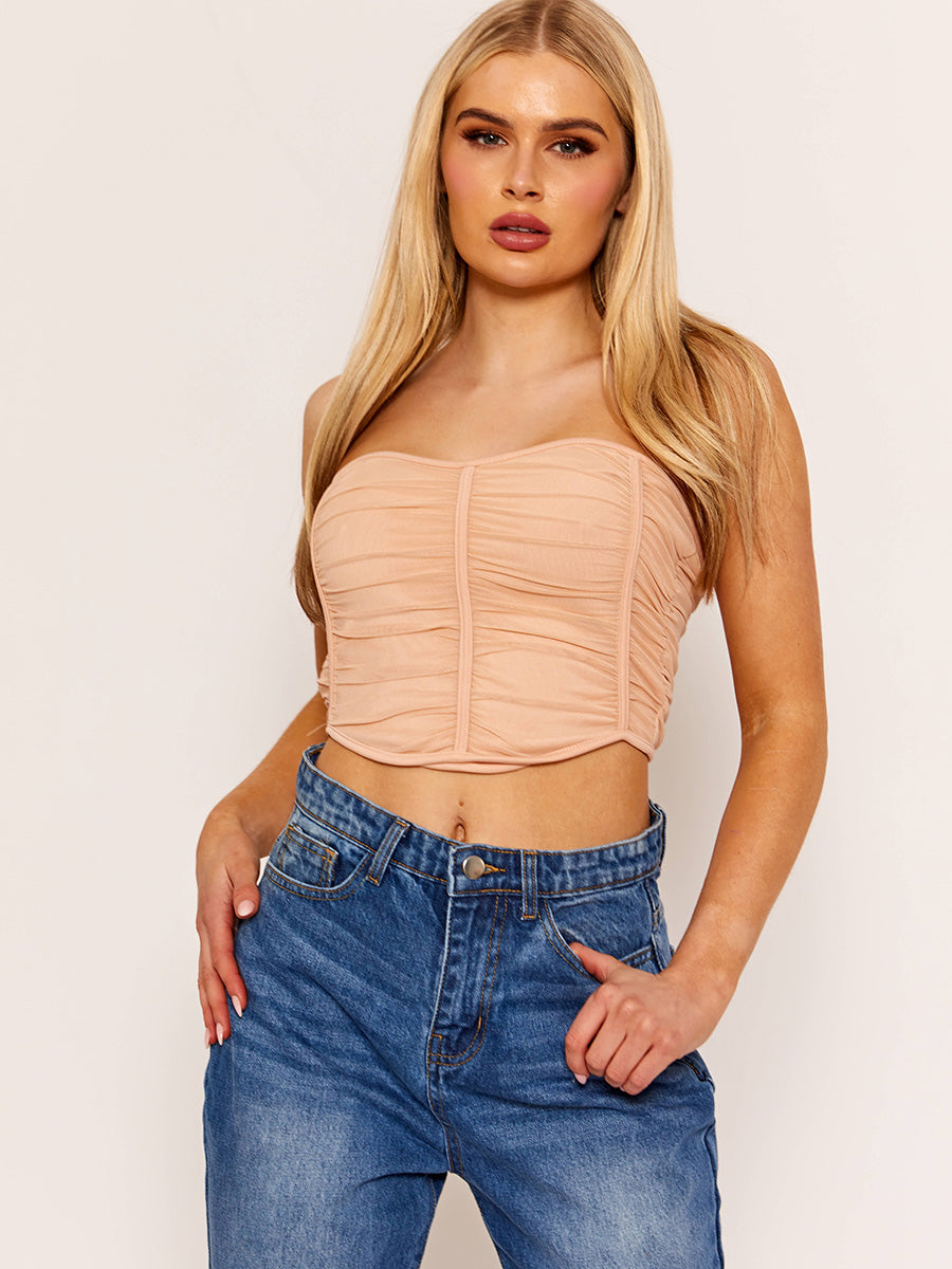 Ruched Mesh Bandeau Corset Crop Top