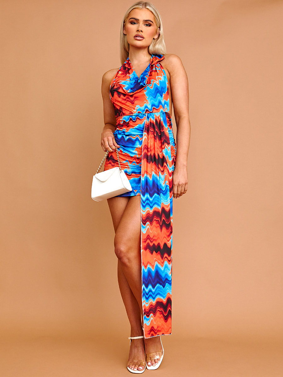 Printed Halter Cowl Neck Ruched Dress With A Long Drape