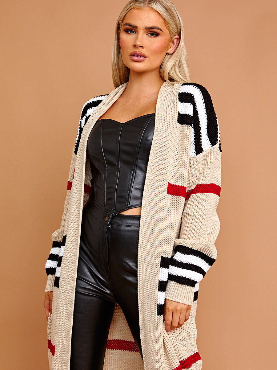Striped Longline Knitted Open Cardigan