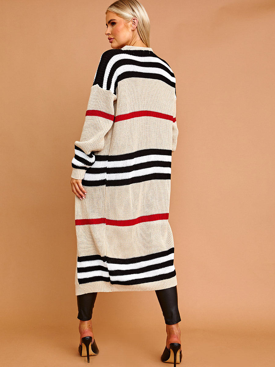 Striped Longline Knitted Open Cardigan