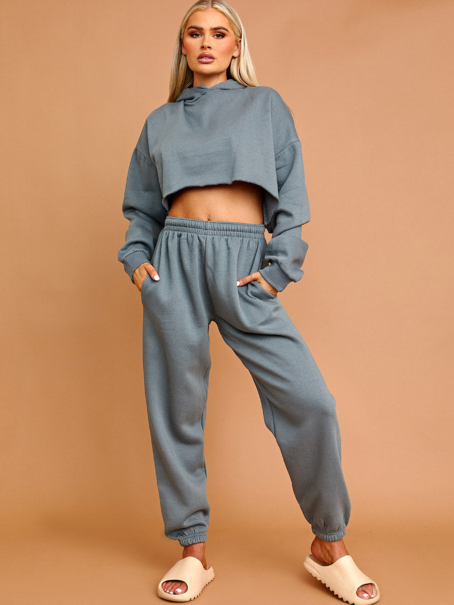 Raw Hem Cropped Hoodie & Jogger Fleece Co-ord
