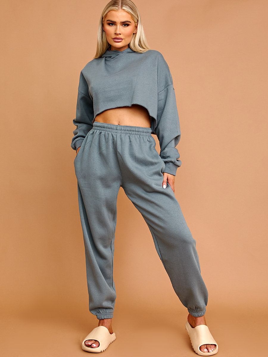 Raw Hem Cropped Hoodie & Jogger Fleece Co-ord