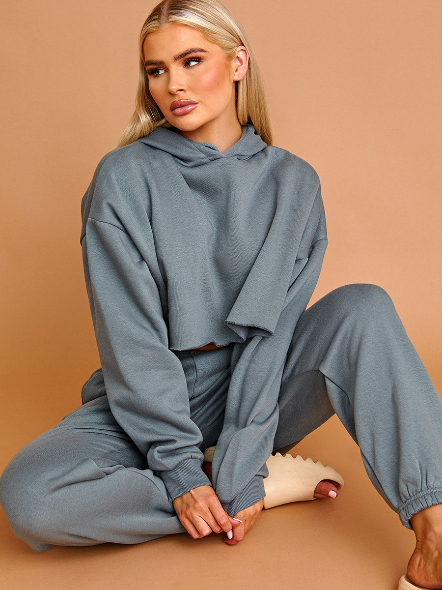 Raw Hem Cropped Hoodie & Jogger Fleece Co-ord
