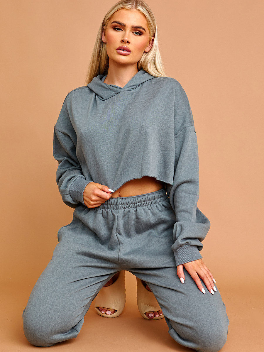Raw Hem Cropped Hoodie & Jogger Fleece Co-ord