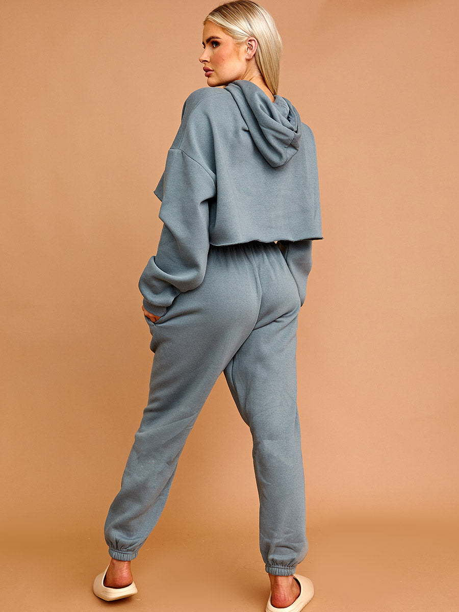 Raw Hem Cropped Hoodie & Jogger Fleece Co-ord