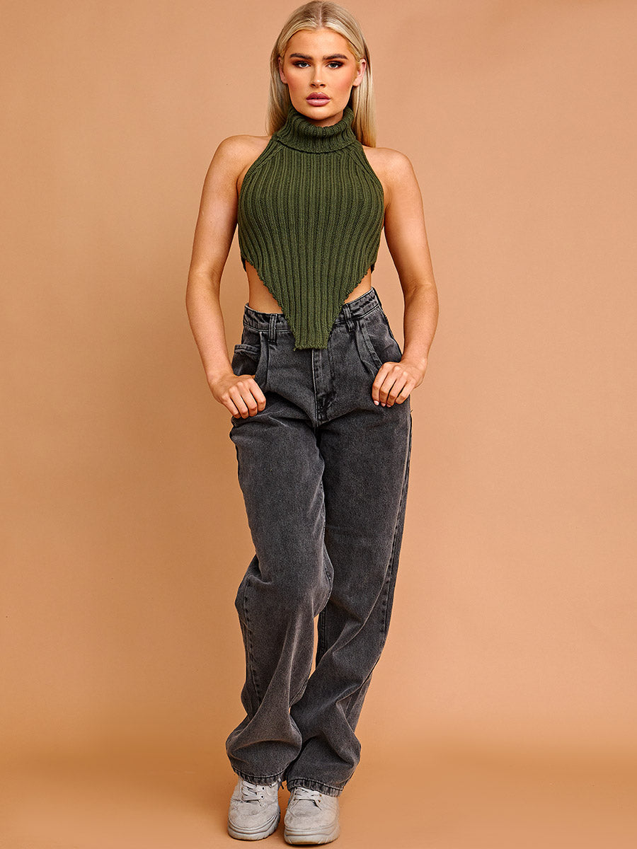 Halter Roll Neck Asymmetric Hem Knitted Crop Top