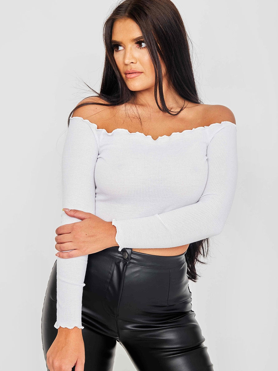 Frill Detail Ribbed Bardot Crop Top