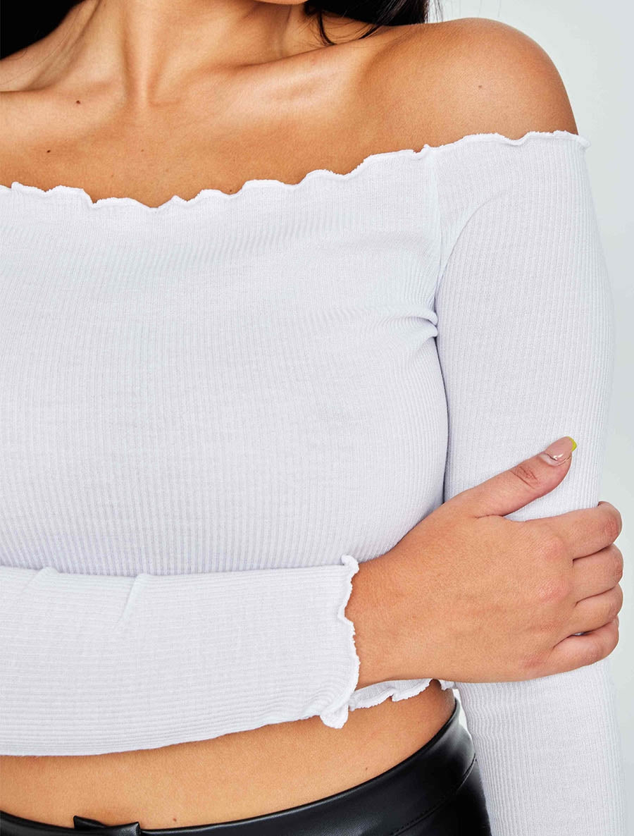 Frill Detail Ribbed Bardot Crop Top