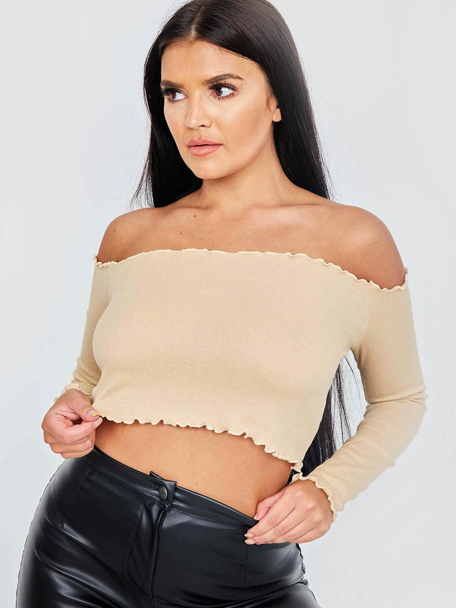 Frill Detail Ribbed Bardot Crop Top