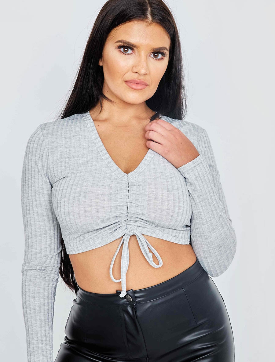 Drawstring Ruched Ribbed Crop Top
