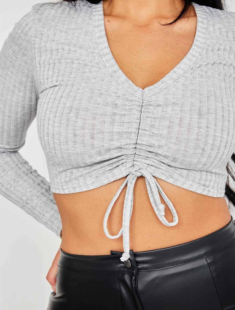 Drawstring Ruched Ribbed Crop Top