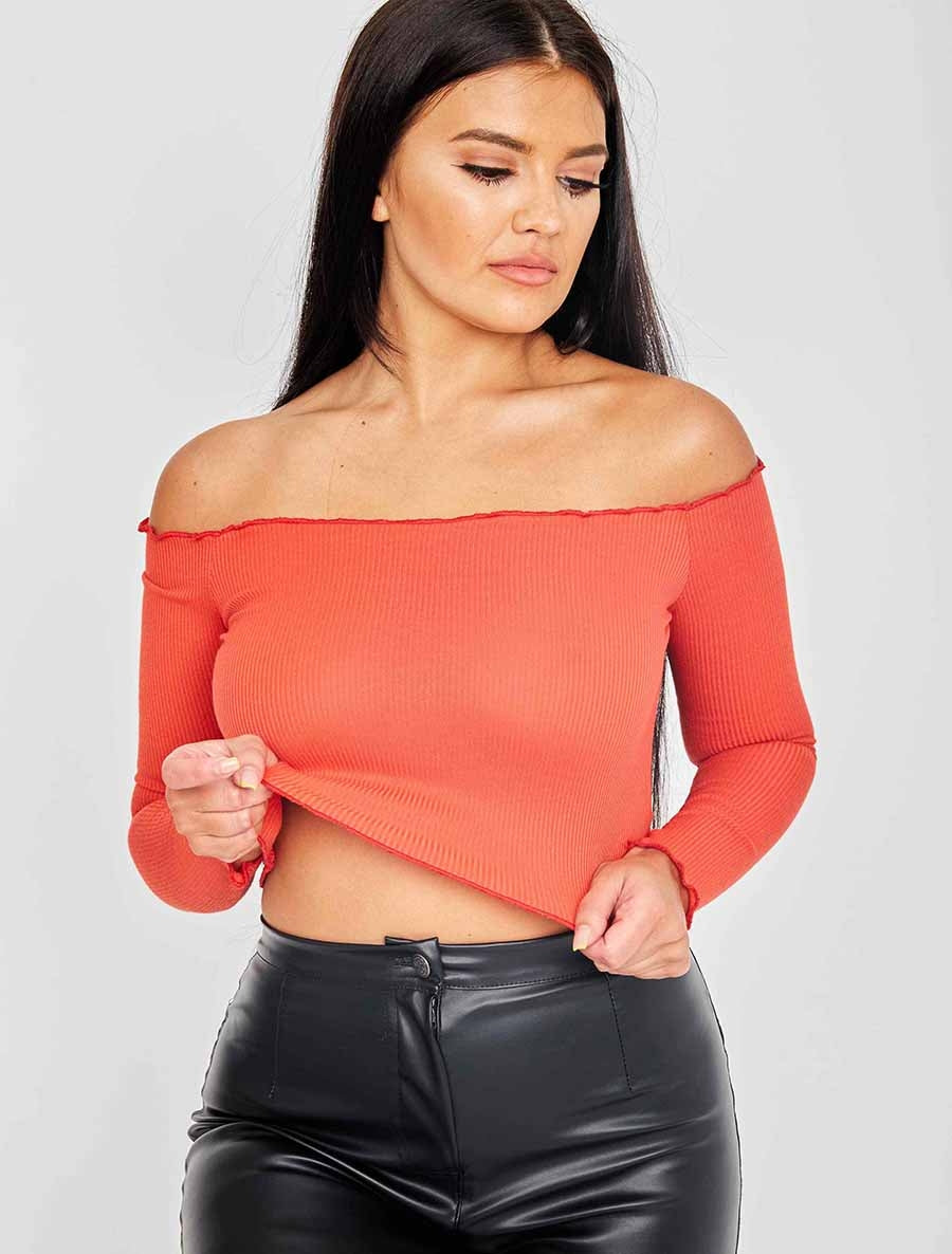 Frill Detail Ribbed Bardot Crop Top