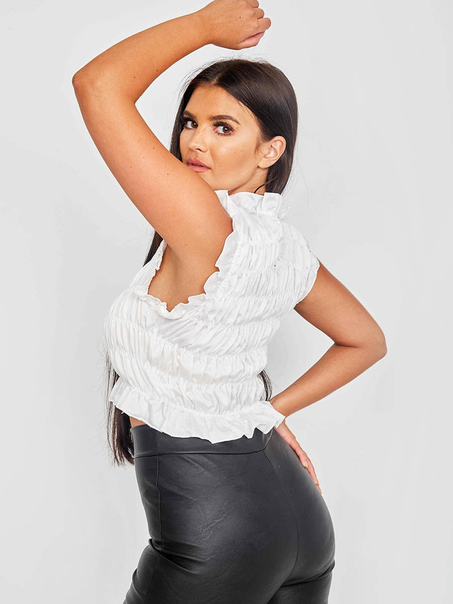 Shirred Satin Frill Crop Top