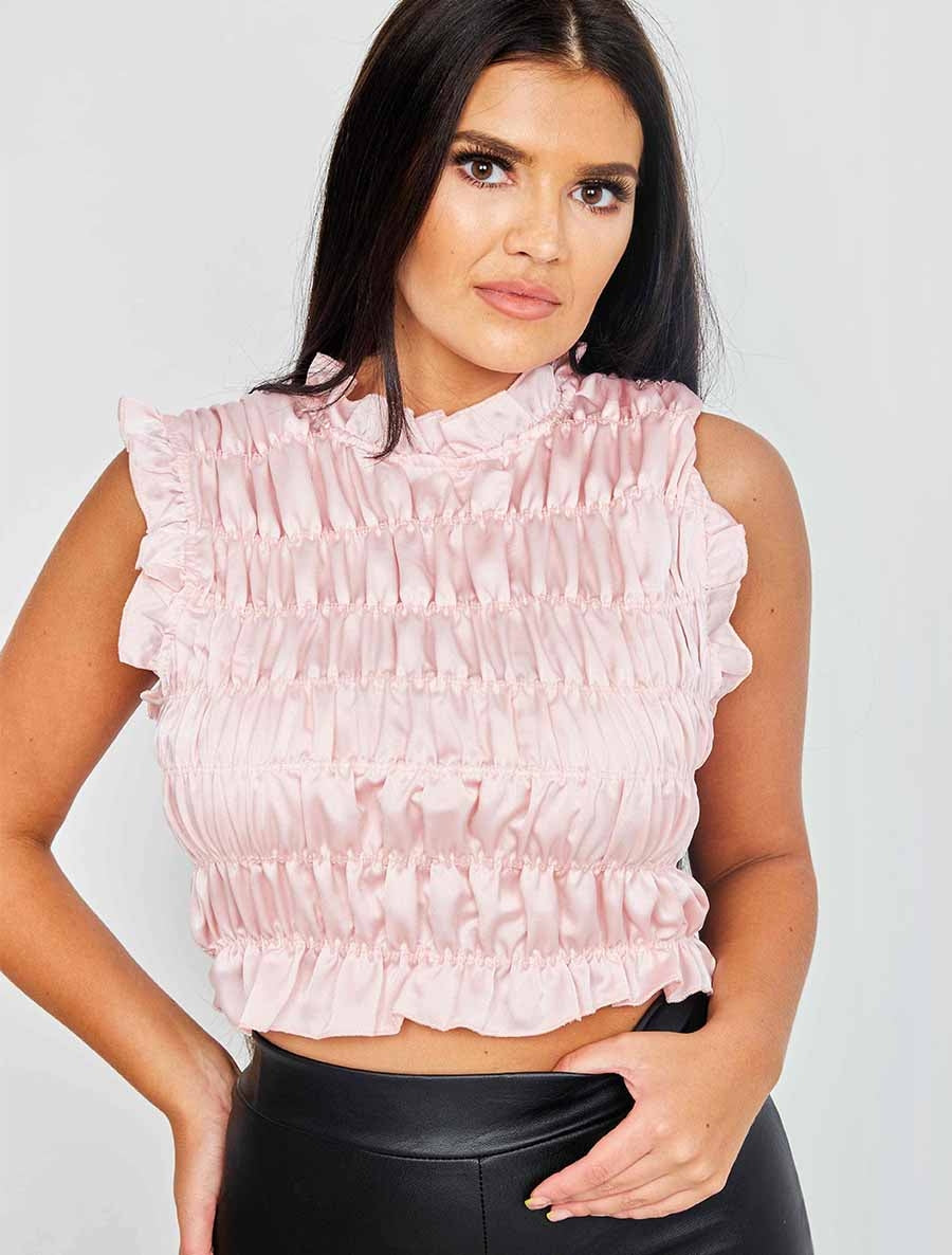 Shirred Satin Frill Crop Top