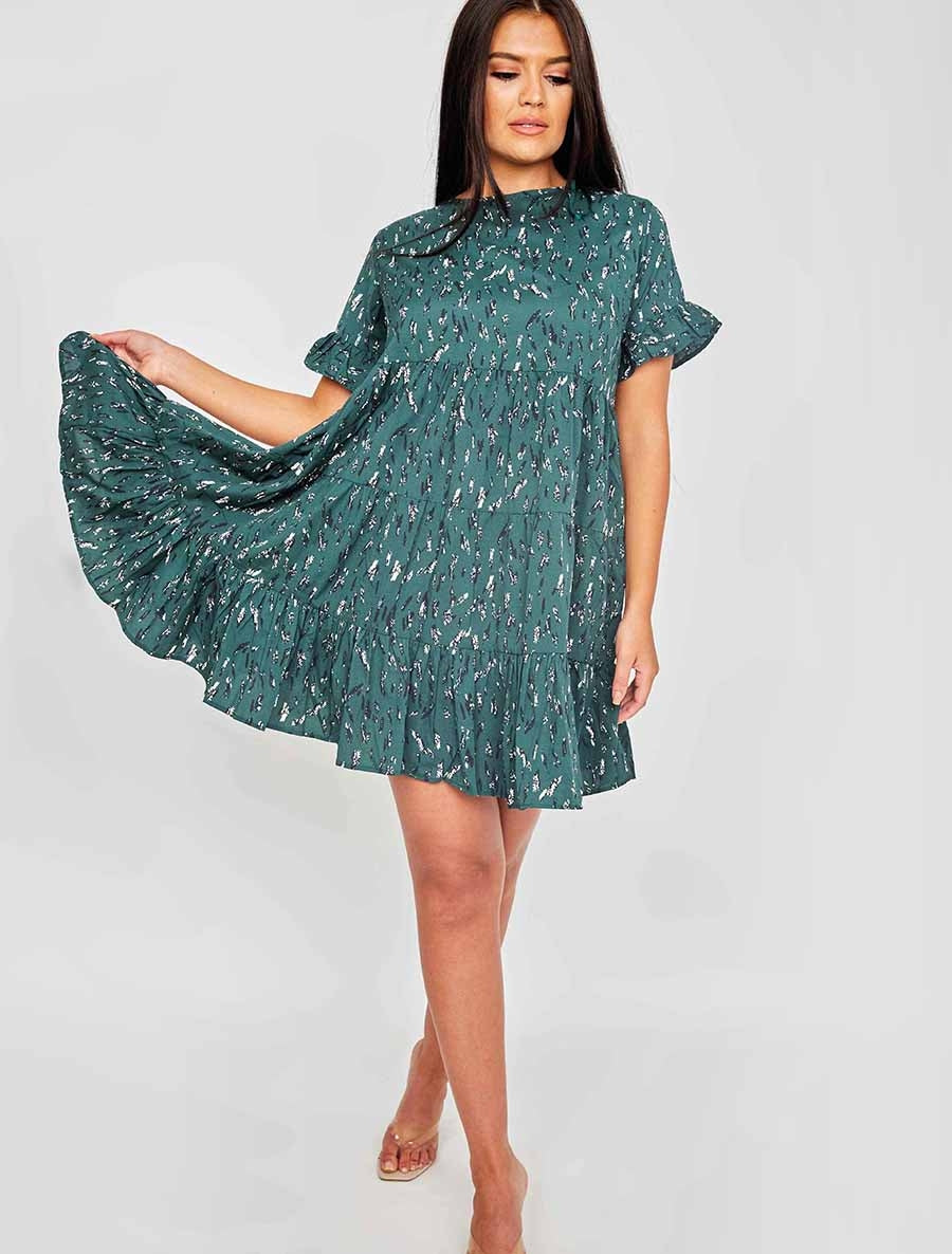Abstract Print Frill Tiered Smock Dress