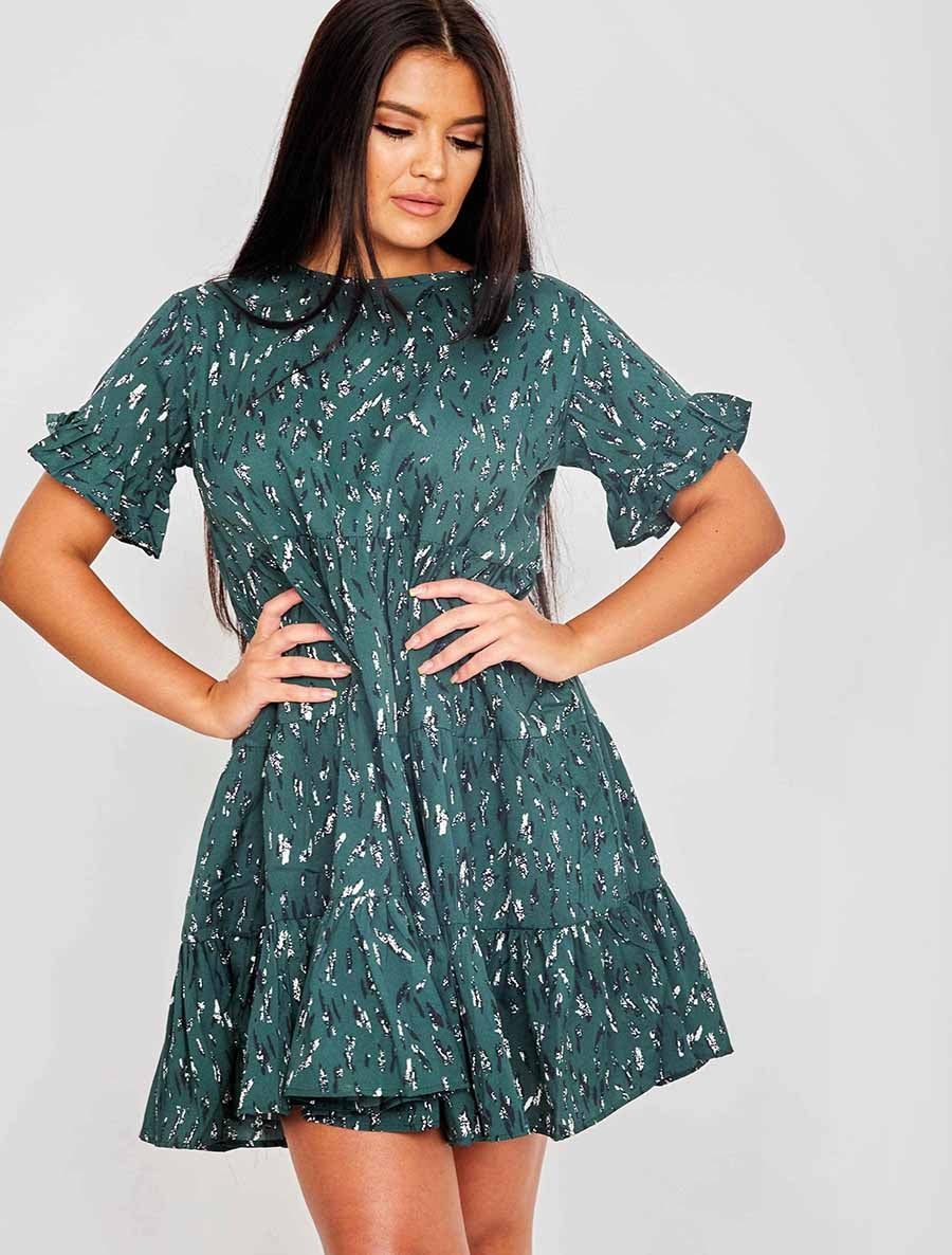 Abstract Print Frill Tiered Smock Dress