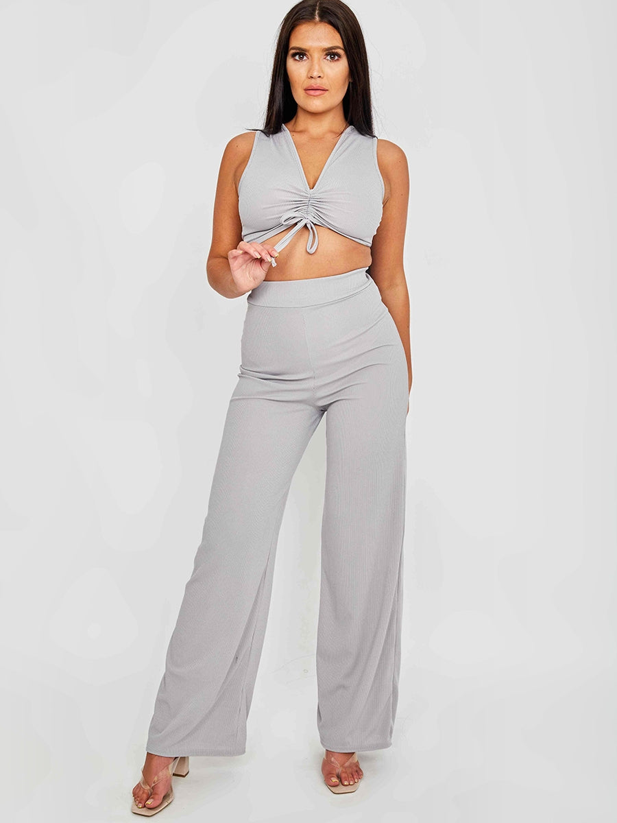 Sleeveless Ruched Crop Top & Trouser Ribbed Co-ord