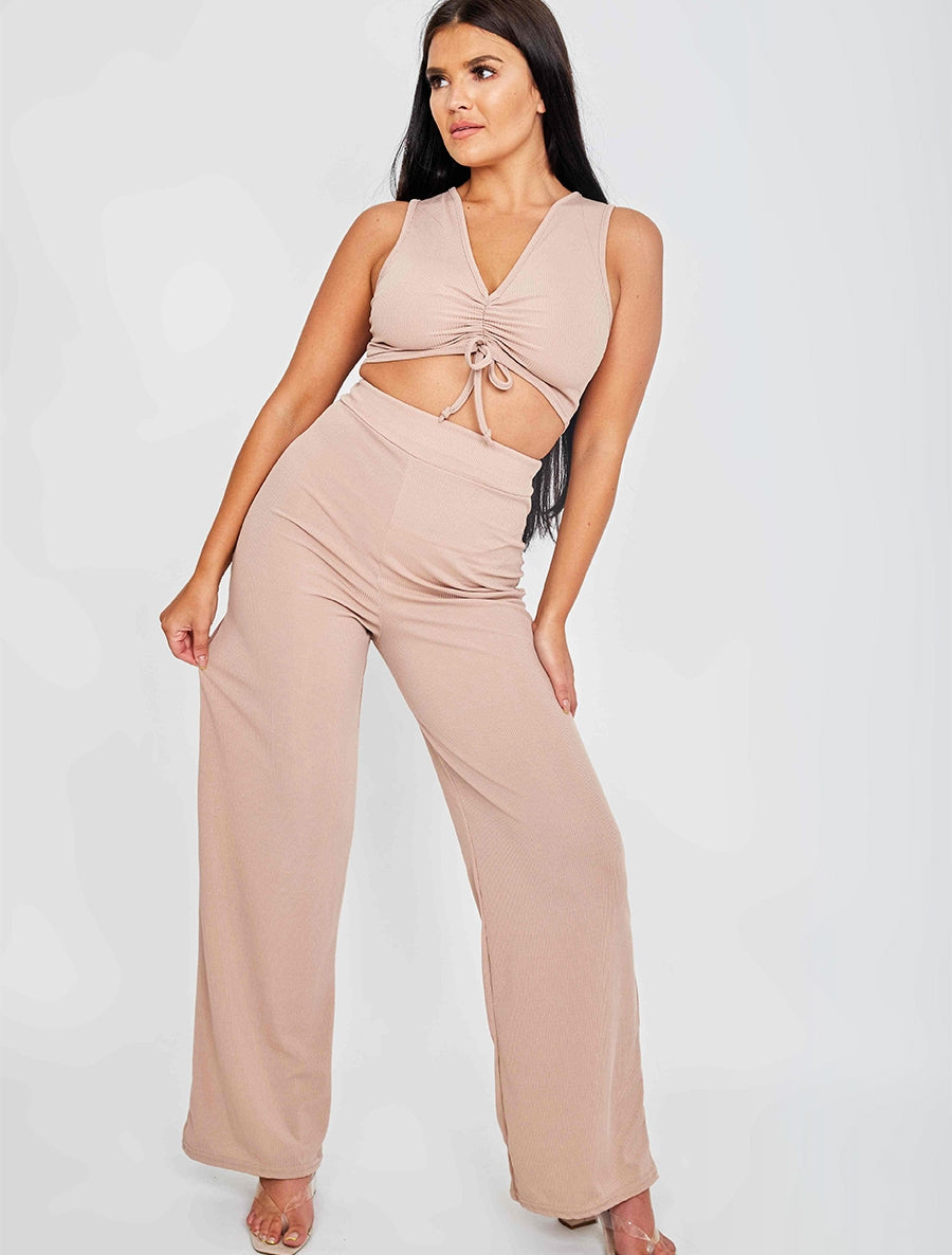 Sleeveless Ruched Crop Top & Trouser Ribbed Co-ord