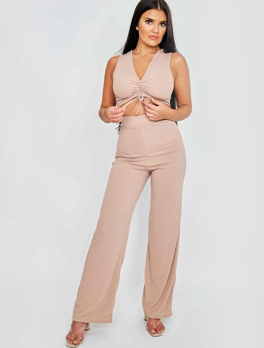 Sleeveless Ruched Crop Top & Trouser Ribbed Co-ord