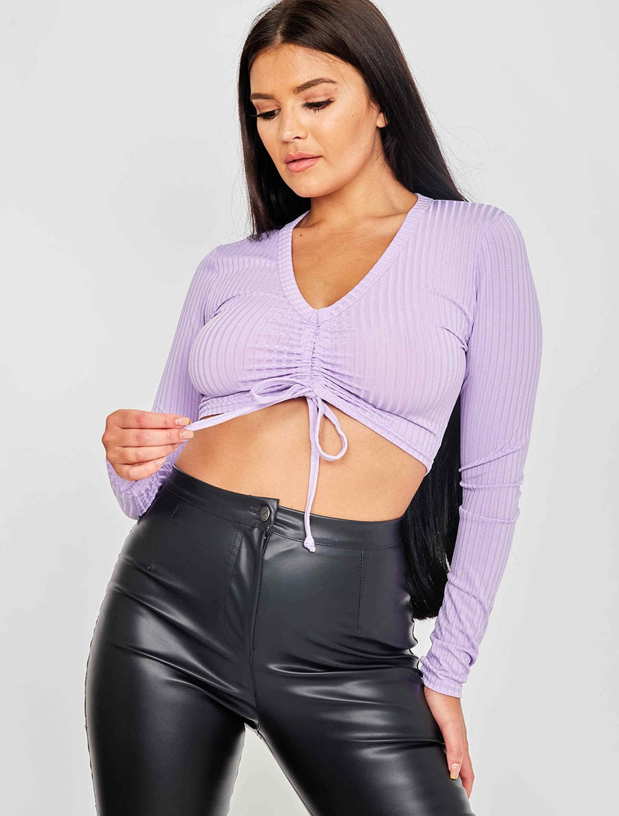 Drawstring Ruched Ribbed Crop Top