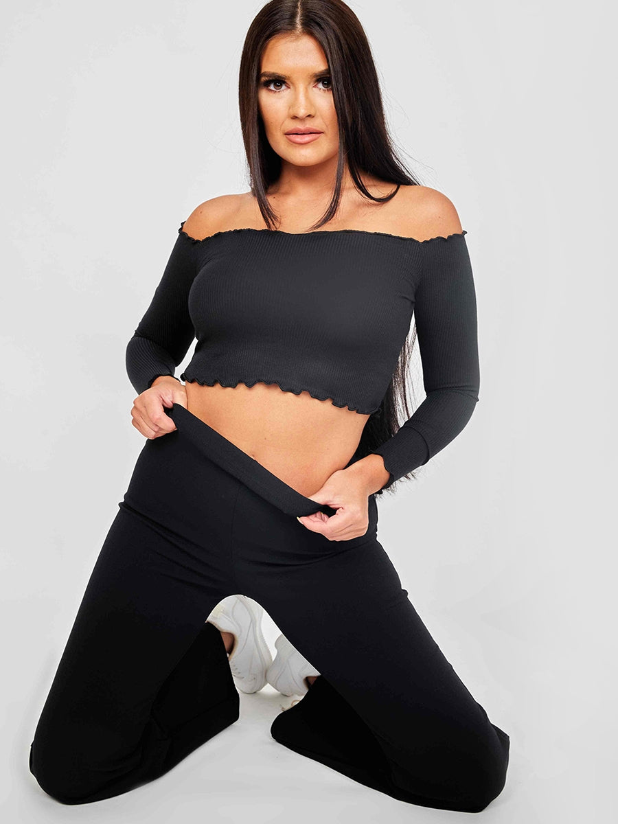 Frill Detail Ribbed Bardot Crop Top