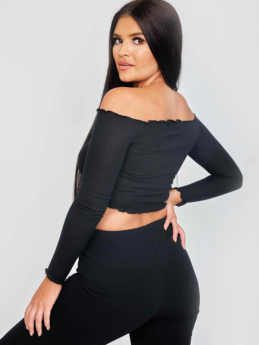 Frill Detail Ribbed Bardot Crop Top