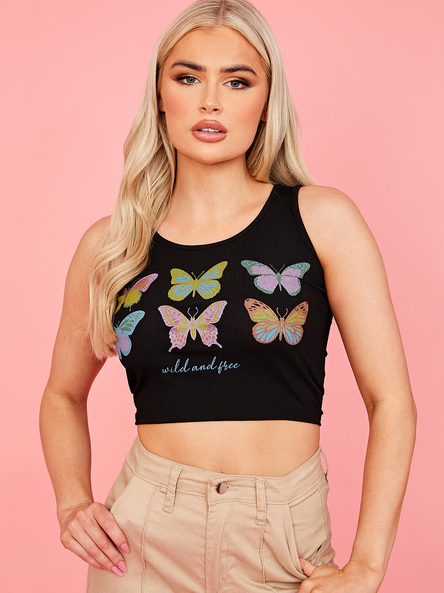 Butterfly Graphic Ribbed Vest Crop Top