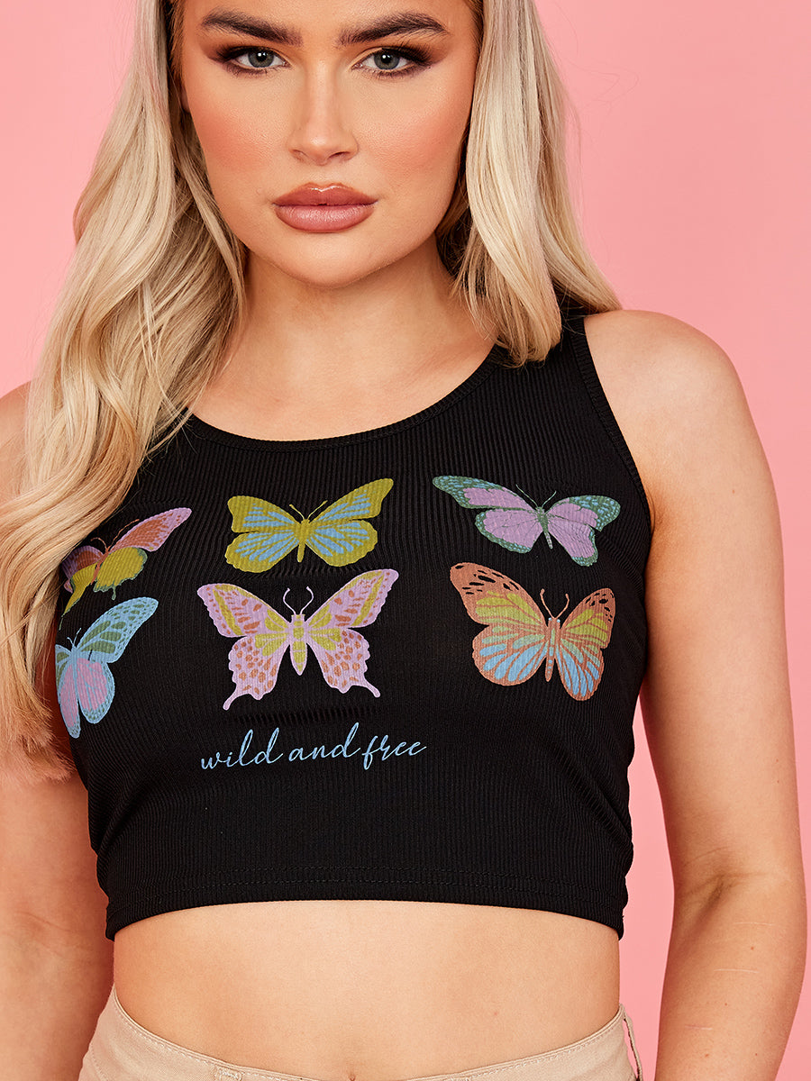 Butterfly Graphic Ribbed Vest Crop Top