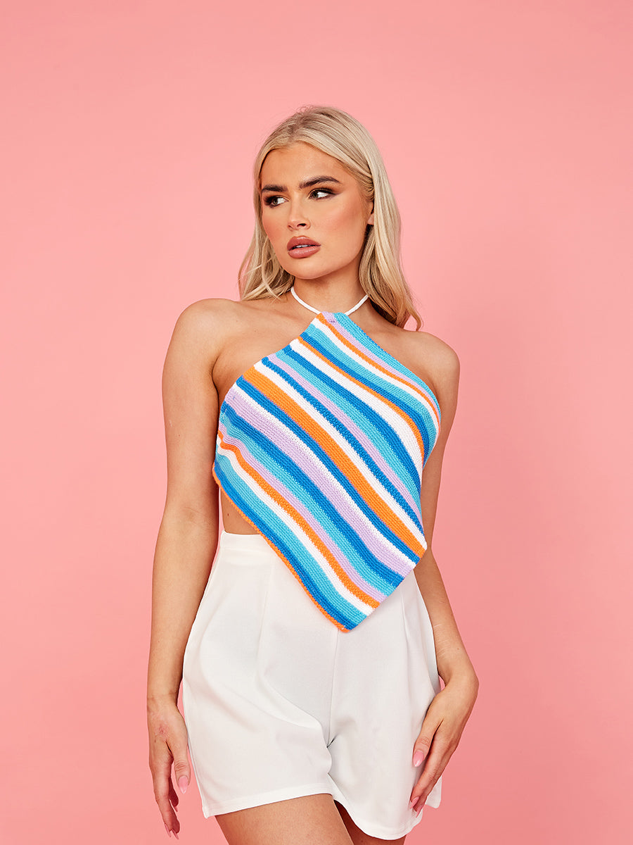 Striped Waffle Knit Tie Back Bandana Top