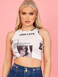 Newspaper Graphic Ribbed Vest Crop Top