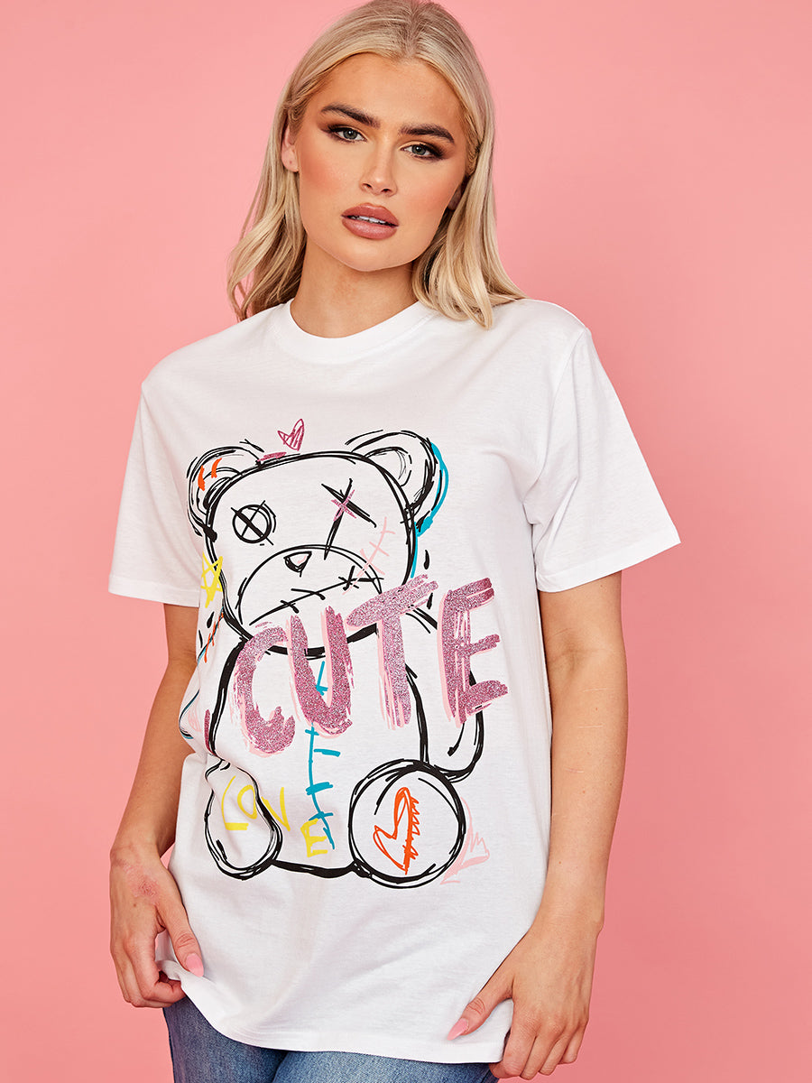 Cute Teddy Graphic Glitter Detail T-Shirt